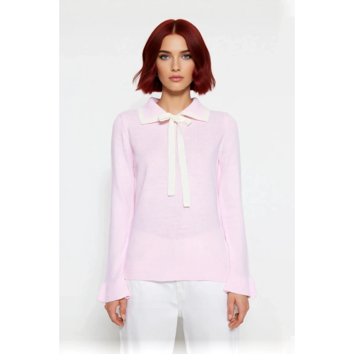 Kadın Akrilik Triko Kazak Polo Yaka Detaylı Renk Bloklu Uzun Kollu Kış Sezonu İçin Şık ve Rahat