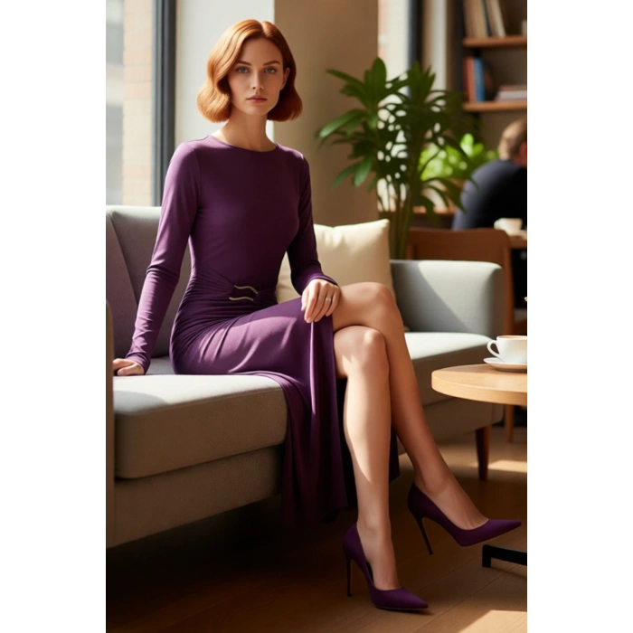 Kadın Aksesuar Detaylı Uzun Kollu Bodycon Maxi Örme Elbise Şık Kış Koleksiyonu Özel Anlara Hazır