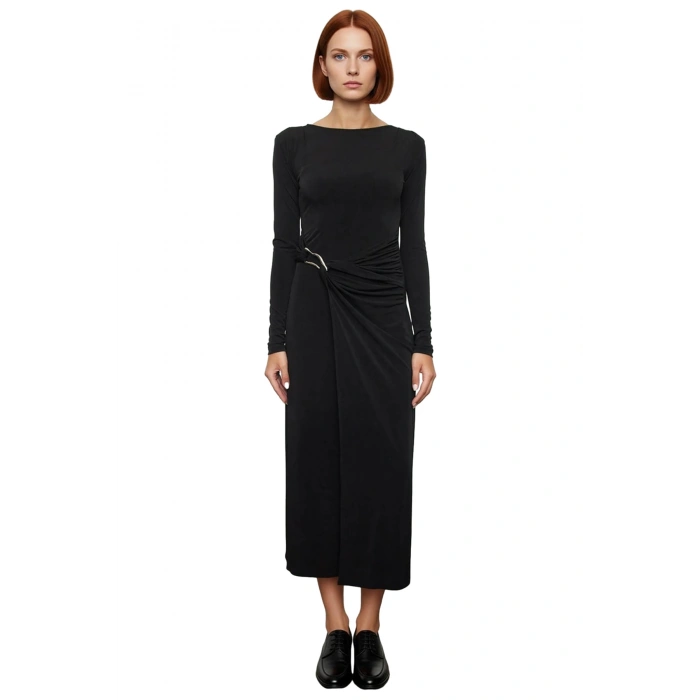 Kadın Aksesuar Detaylı Uzun Kollu Bodycon Maxi Örme Elbise Şık Kış Koleksiyonu Özel Anlara Hazır