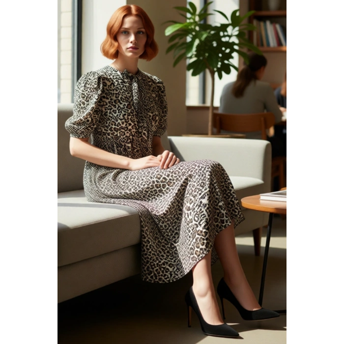 Kadın Animal Desenli Çok Renkli Viskoz Kumaş A Kesim Maxi Boy Günlük Elbise Kaliteli Şık Rahat