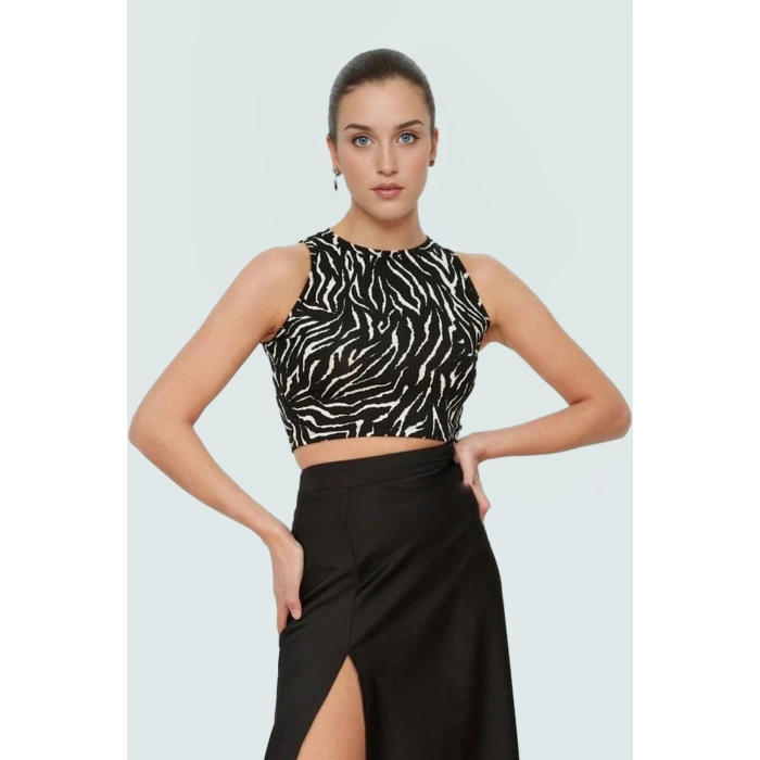 Kadın Animal Desenli Halter Yaka Crop Bluz Örme Polyester Yazlık Rahat Kullanım Özel Tasarım