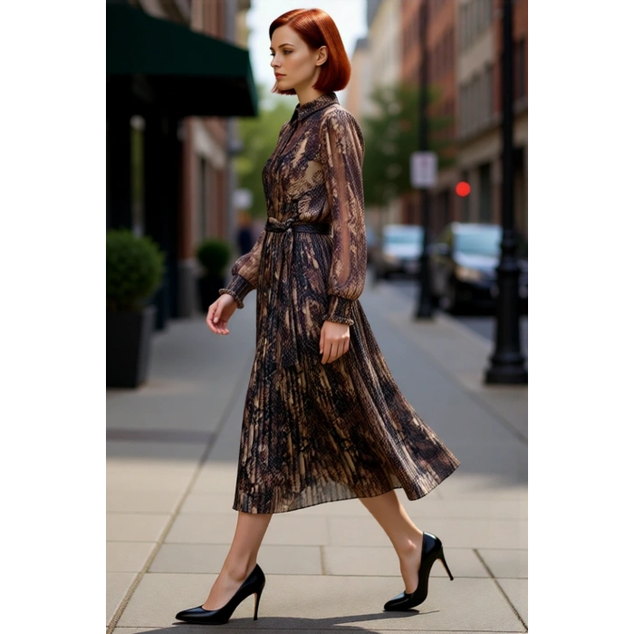 Kadın Animal Desenli Şifon Dokuma Midi Elbise Skater Kalıp Astarlı Gömlek Yaka Balon Kol Gipeli