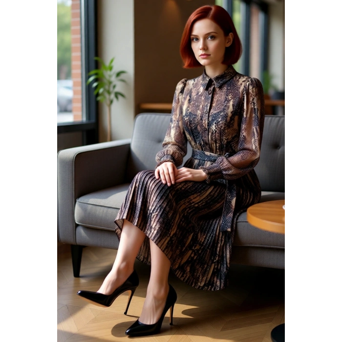 Kadın Animal Desenli Şifon Dokuma Midi Elbise Skater Kalıp Astarlı Gömlek Yaka Balon Kol Gipeli