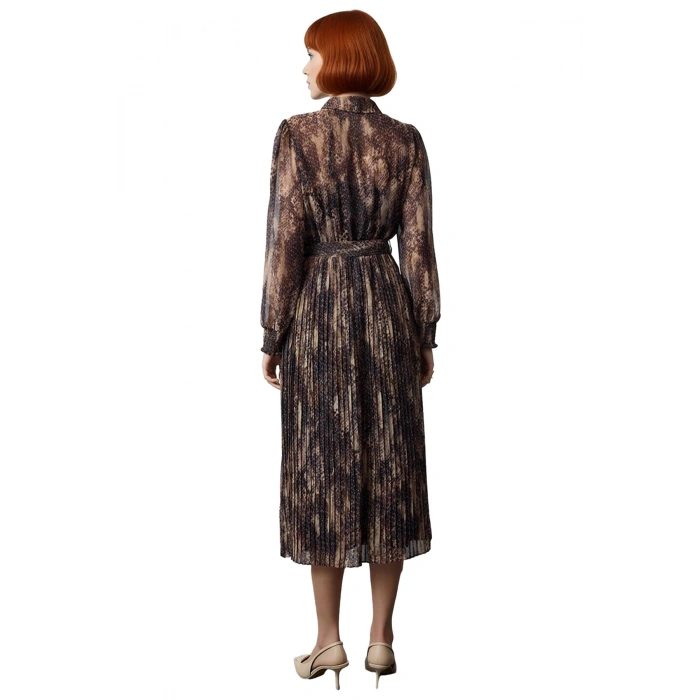 Kadın Animal Desenli Şifon Dokuma Midi Elbise Skater Kalıp Astarlı Gömlek Yaka Balon Kol Gipeli