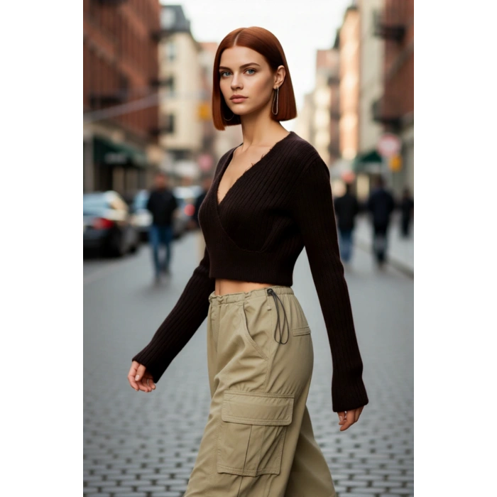 Kadın Antrasit Crop Boy Fitted Kruvaze Triko Kazak Günlük Şıklık ve Konforu Kış Sezonuna Taşır