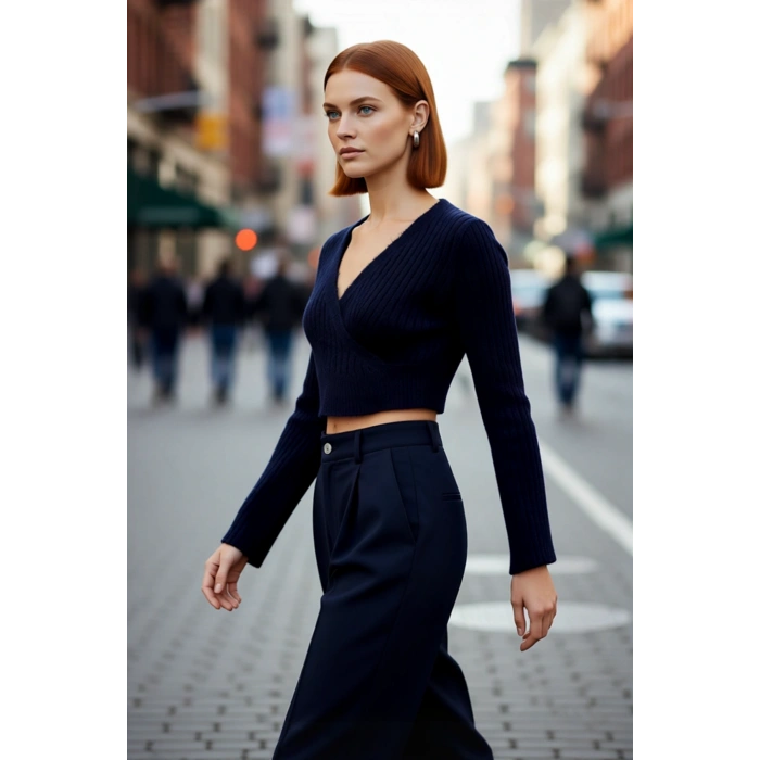 Kadın Antrasit Crop Boy Fitted Kruvaze Triko Kazak Günlük Şıklık ve Konforu Kış Sezonuna Taşır