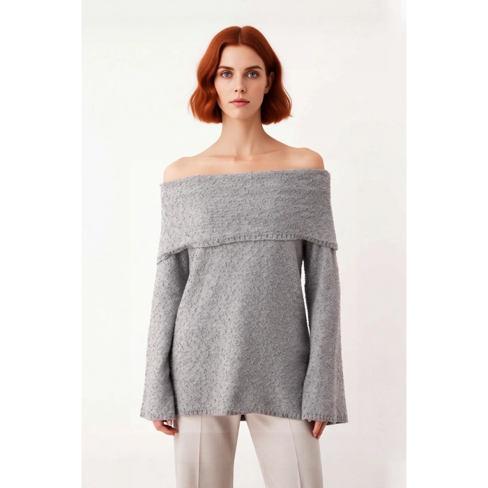 Kadın Antrasit Dokulu Regular Kalıp Carmen Yaka Triko Kazak Kışlık Standart Kol Rahat Giyim