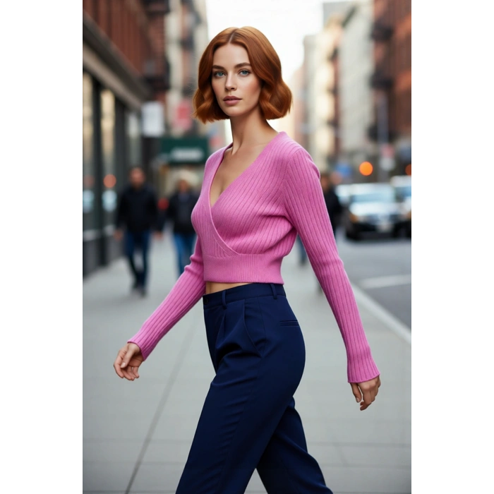 Kadın Antrasit Fitilli Kruvaze Triko Kazak Crop Kesimi ile Kış Günlerine Özel Şık Rahat Kombinler