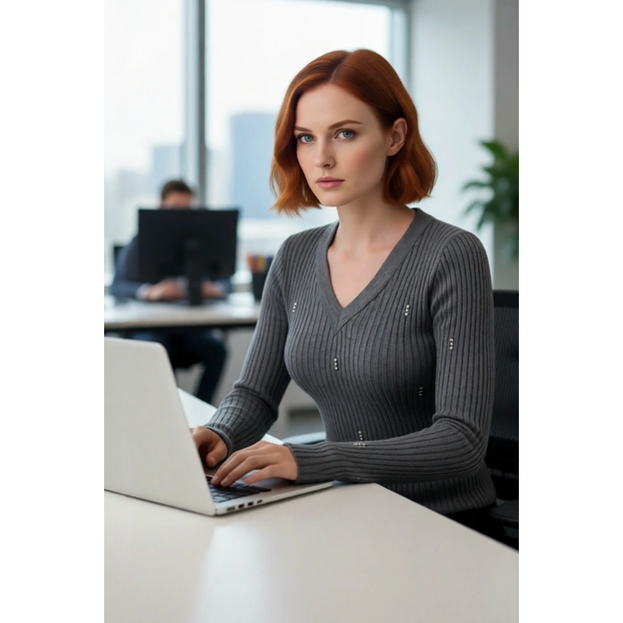 Kadın Antrasit Fitilli Triko Kazak V Yaka Taş İşlemeli Detaylarıyla Kış Şıklığı Sunar Kaliteli