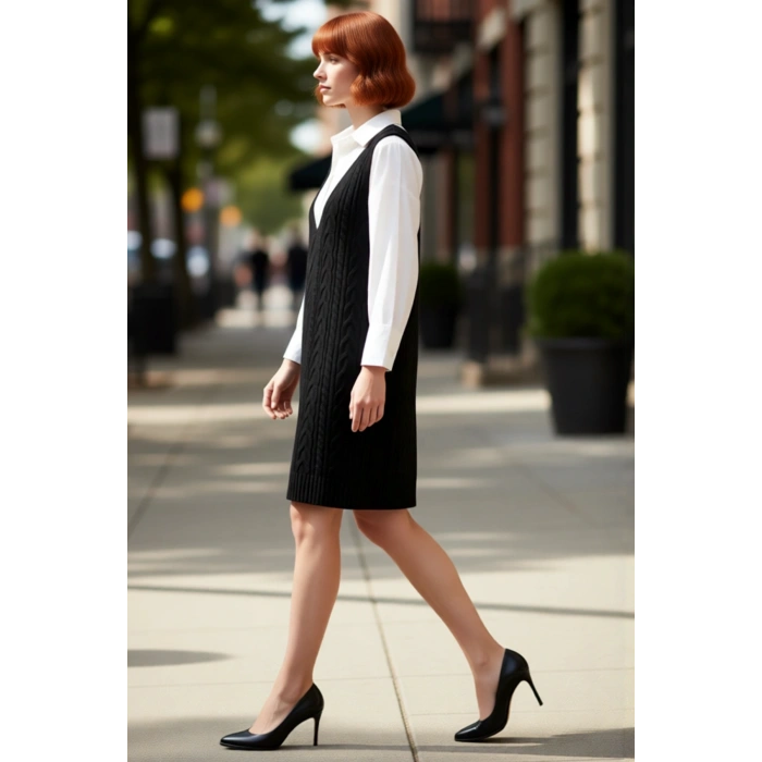 Kadın Antrasit Jile Elbise V Yaka Saç Örgü Triko Kolsuz Mini Boy Sonbahar Şıklığı Seçimi Kaliteli