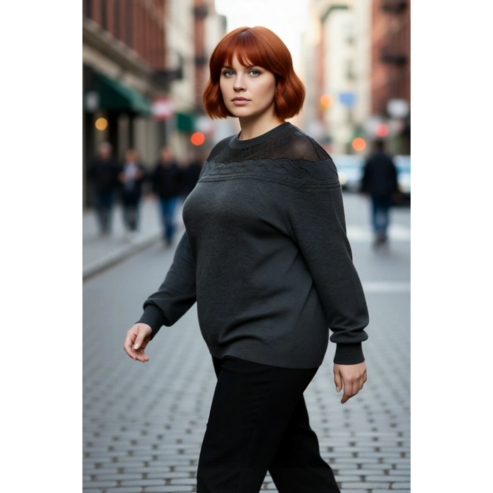 Kadın Antrasit Saç Örgü Detaylı Şık Bisiklet Yaka Triko Kazak Kış Günleri İçin İdeal Uzun Kollu