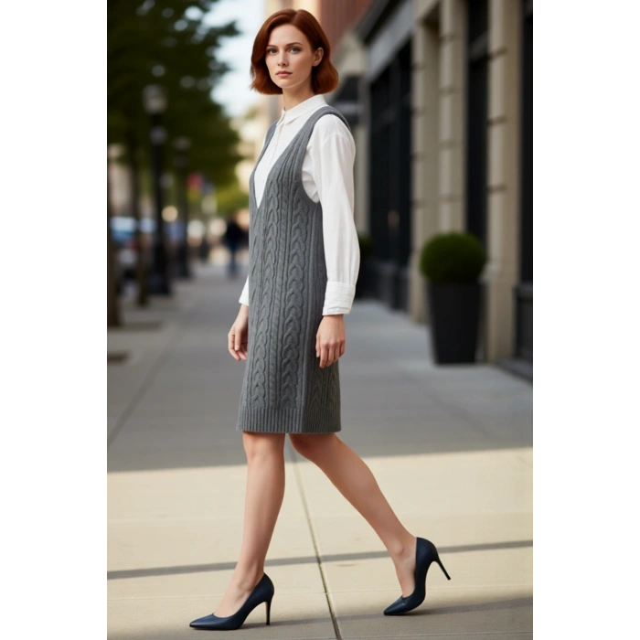 Kadın Antrasit Saç Örgü V Yaka Kolsuz Triko Jile Elbise İlkbahar Sonbahar Günlük Şıklık Kaliteli
