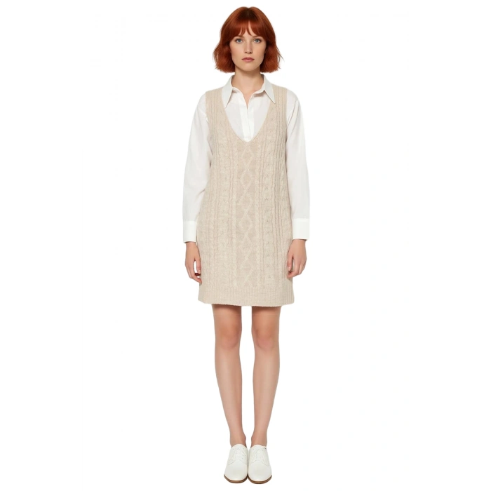 Kadın Antrasit Saç Örgü V Yaka Kolsuz Triko Jile Elbise İlkbahar Sonbahar Günlük Şıklık Kaliteli