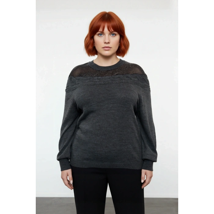 Kadın Antrasit Triko Kazak Zarif Saç Örgü Tül Detayları Bisiklet Yaka Uzun Kol Kış Modası İle Şık