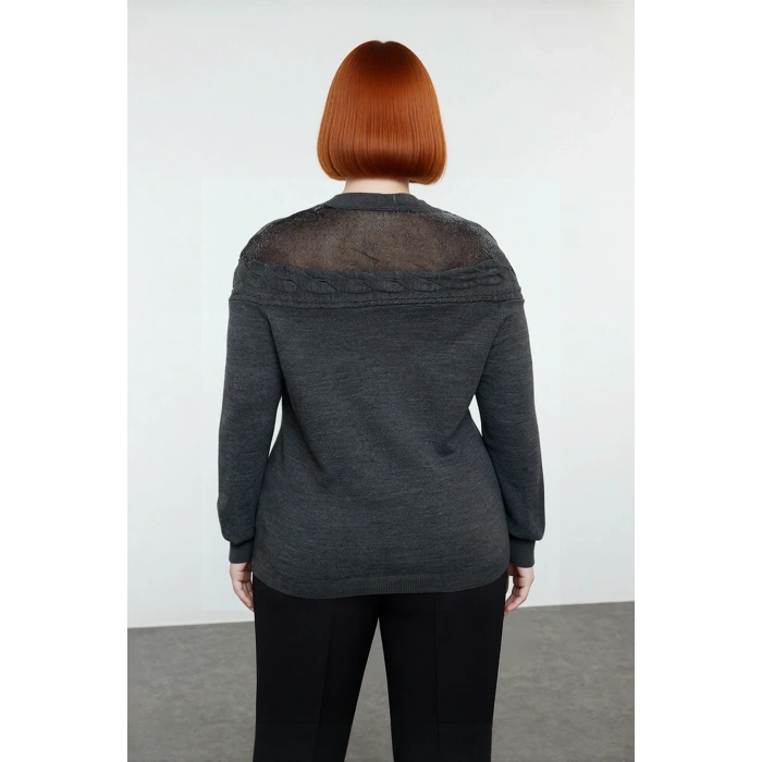 Kadın Antrasit Triko Kazak Zarif Saç Örgü Tül Detayları Bisiklet Yaka Uzun Kol Kış Modası İle Şık