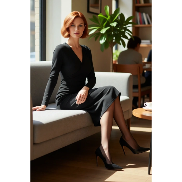 Kadın Anvelop Siluet Bodycon Kesim Midi Boy Uzun Kollu V Yaka Scuba Krep Kışlık Elbise Zarif Stil