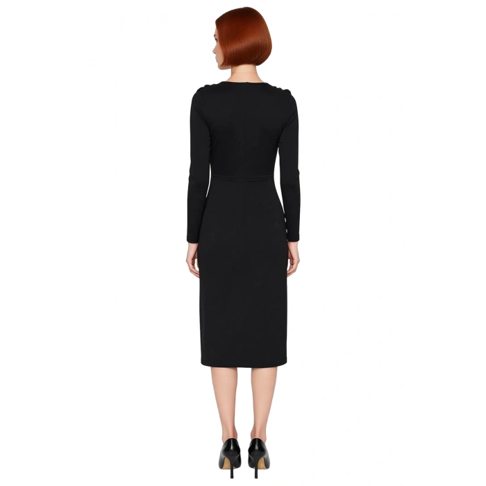 Kadın Anvelop Siluet Bodycon Kesim Midi Boy Uzun Kollu V Yaka Scuba Krep Kışlık Elbise Zarif Stil