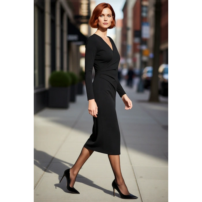 Kadın Anvelop Siluet Bodycon Kesim Midi Boy Uzun Kollu V Yaka Scuba Krep Kışlık Elbise Zarif Stil