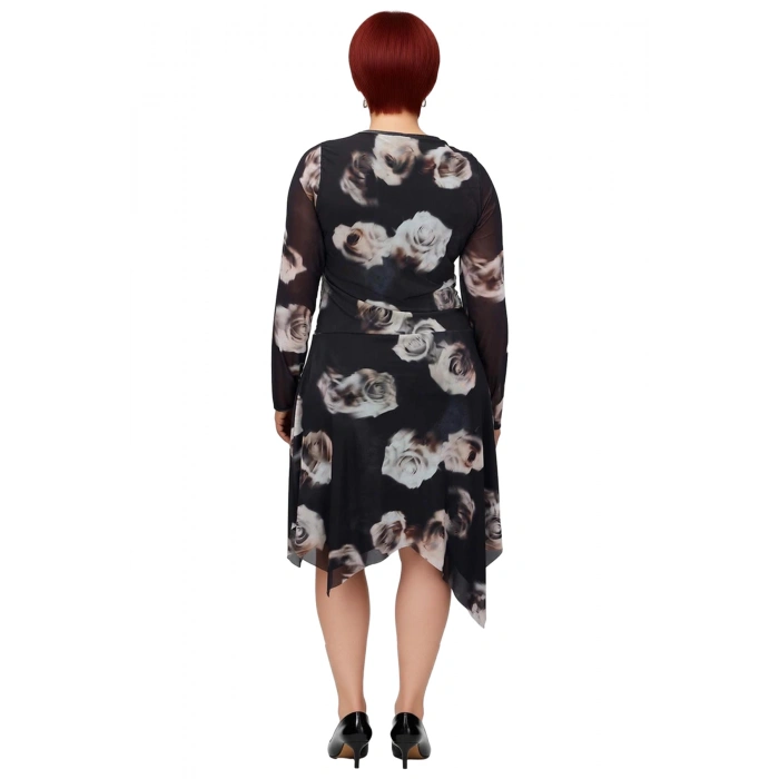 Kadın Asimetrik Kesim Örme Tül Ekose Desenli Midi Boy Uzun Kollu Elbise Günlük Şıklık Sunar