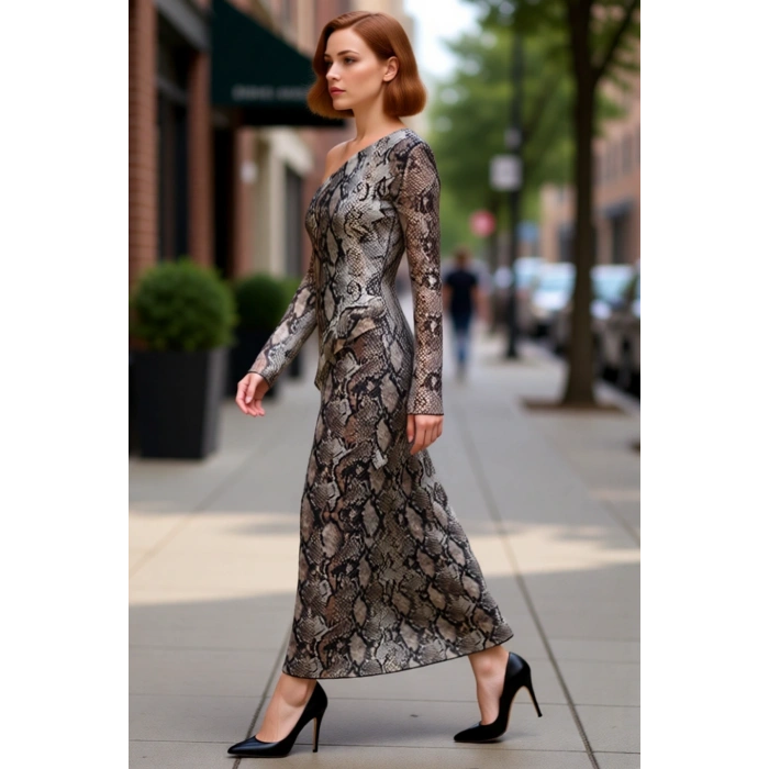 Kadın Asimetrik Yaka Açık Omuz Bodycon Kalıp Uzun Kollu Maxi Tül Örme Elbise Animal Desenli Fırfır