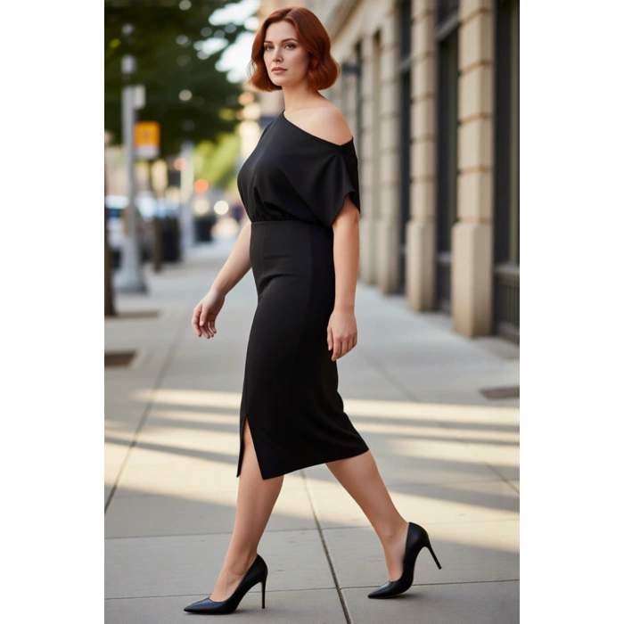 Kadın Asimetrik Yaka Bodycon Midi Elbise Şık Modern Düz Tasarım İlkbahar Sonbahar Davetleri İçin