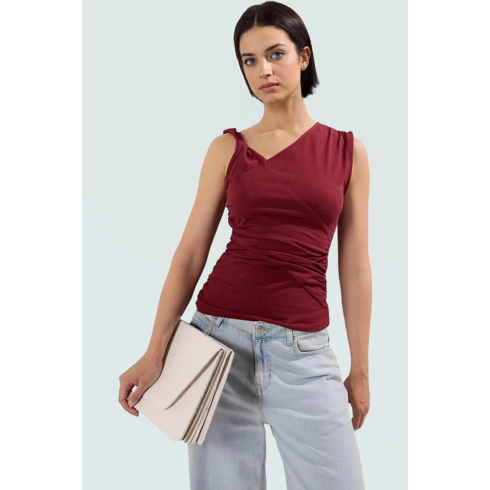 Kadın Asimetrik Yaka Büzgülü Örme Bluz Rahat Günlük Stil Trend Tasarım Şık Görünüm