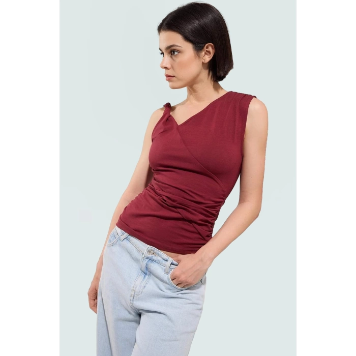 Kadın Asimetrik Yaka Büzgülü Örme Bluz Rahat Günlük Stil Trend Tasarım Şık Görünüm