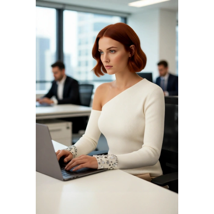 Kadın Asimetrik Yaka Düşük Kol Uzun Kollu Payetli Detaylı Triko Kazak İlkbahar Sonbahar Şıklığı