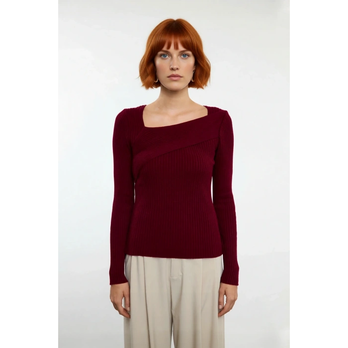 Kadın Asimetrik Yaka Fitilli Triko Kazak Fitted Kalıp Uzun Kollu Basic Şık Günlük Kombinler İçin