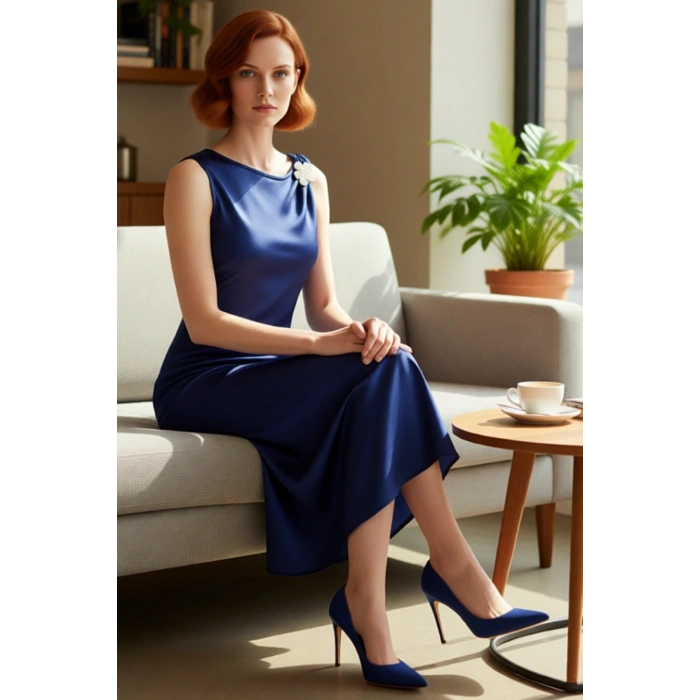 Kadın Asimetrik Yaka Kolsuz Maxi Elbise Saten Dokuma Şık A Kesim Tasarım Özel Davetler İçin.