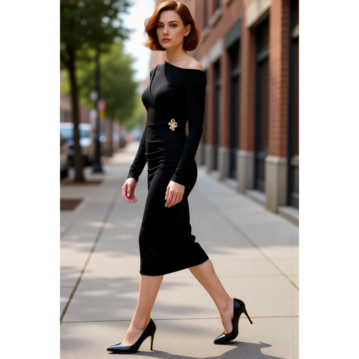 Kadın Asimetrik Yaka Siyah Bodycon Midi Elbise Aksesuar Detaylı Şık ve Modern Kokteyl Görünüm