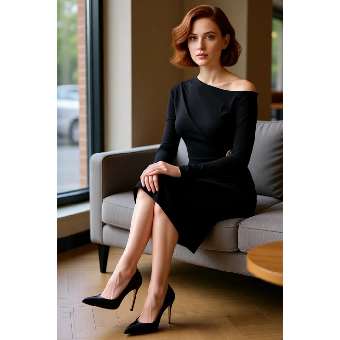 Kadın Asimetrik Yaka Siyah Bodycon Midi Elbise Aksesuar Detaylı Şık ve Modern Kokteyl Görünüm