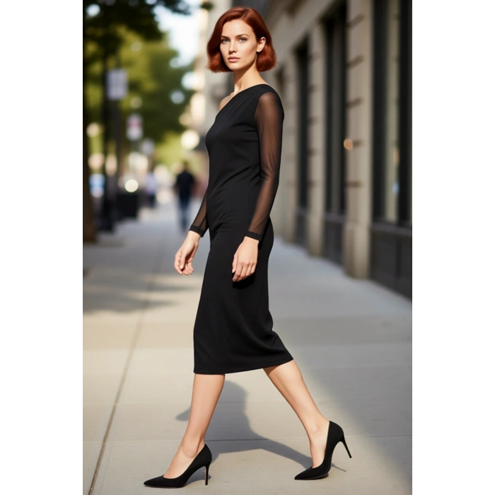 Kadın Asimetrik Yaka Siyah Midi Boy Örme Bodycon Elbise Astarlı Düz Desen Uzun Tül Kol Kış Geceleri