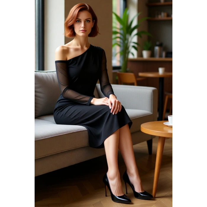 Kadın Asimetrik Yaka Siyah Midi Boy Örme Bodycon Elbise Astarlı Düz Desen Uzun Tül Kol Kış Geceleri