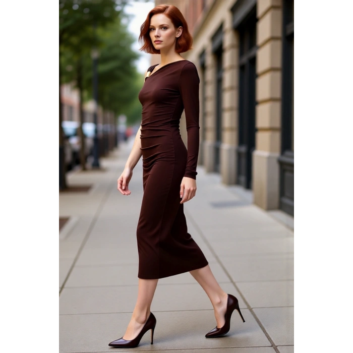 Kadın Asimetrik Yaka Tek Uzun Kollu Bodycon Midi Aksesuar Detaylı Örme Kokteyl Elbisesi Glam