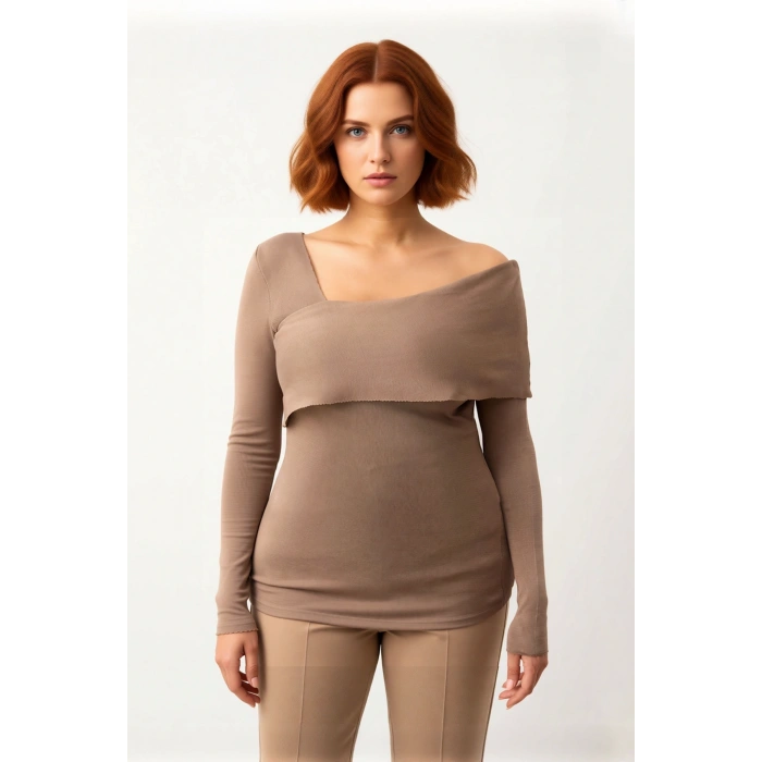 Kadın Asimetrik Yaka Uzun Kollu Modern Triko Kazak Şık Gündüz Gece Kombinleri İçin Konforlu ve Zarif