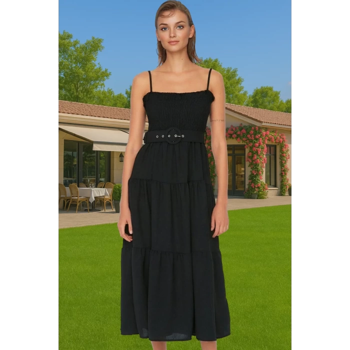 Kadın Askılı Bel Kemerli Midi Polyester Dokuma Elbise Rahat Günlük Stil Rahat Ve Şık Mükemmel Uyum