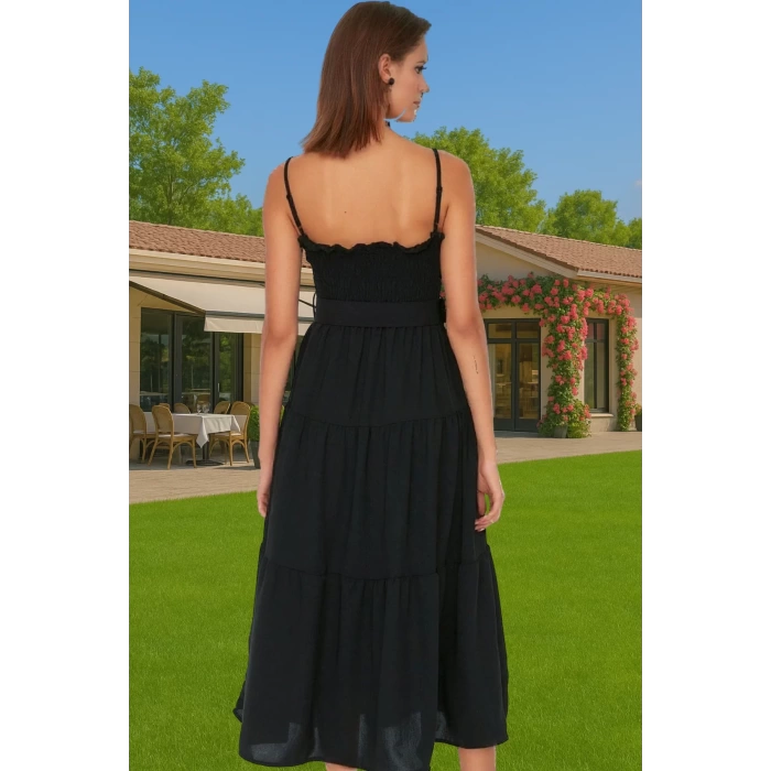 Kadın Askılı Bel Kemerli Midi Polyester Dokuma Elbise Rahat Günlük Stil Rahat Ve Şık Mükemmel Uyum
