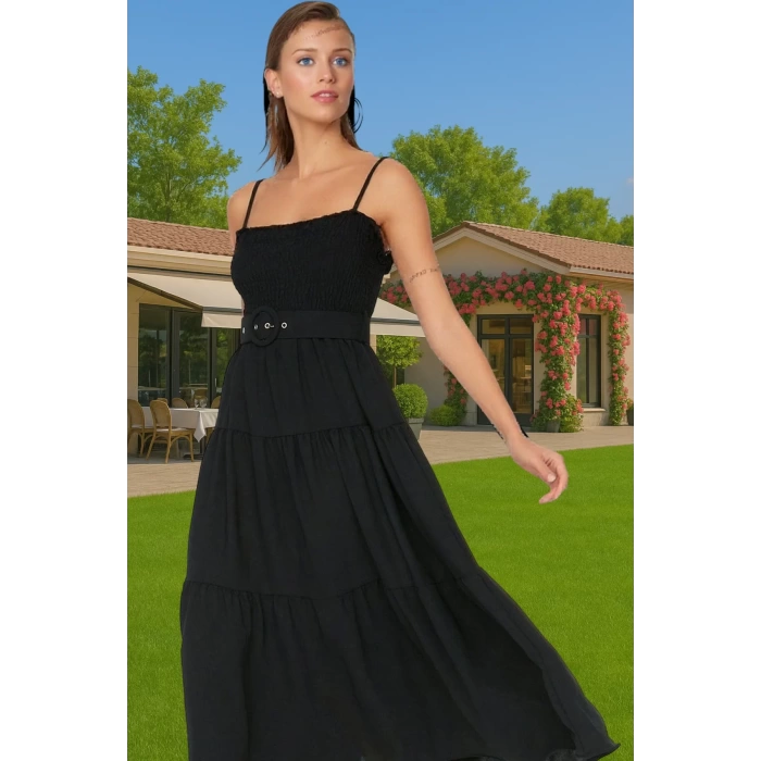 Kadın Askılı Bel Kemerli Midi Polyester Dokuma Elbise Rahat Günlük Stil Rahat Ve Şık Mükemmel Uyum