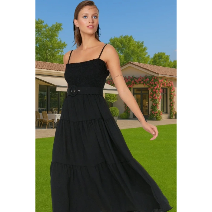 Kadın Askılı Bel Kemerli Midi Polyester Dokuma Elbise Rahat Günlük Stil Rahat Ve Şık Mükemmel Uyum