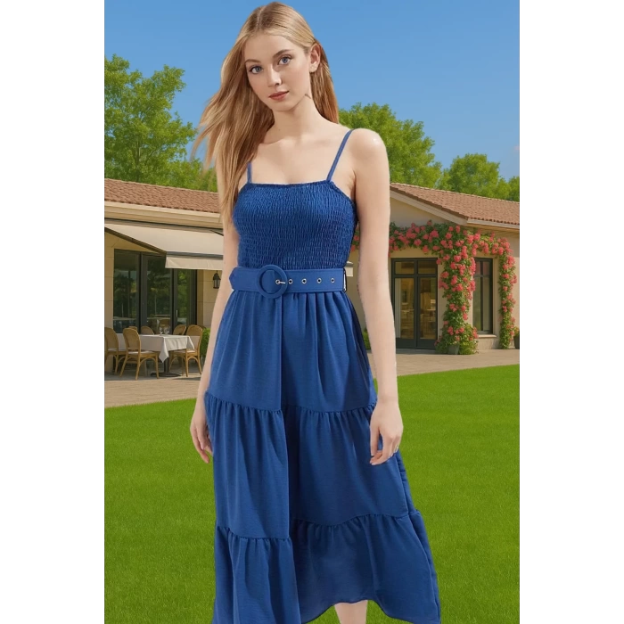 Kadın Askılı Bel Kemerli Midi Polyester Dokuma Elbise Rahat Günlük Stil Rahat Ve Şık Mükemmel Uyum