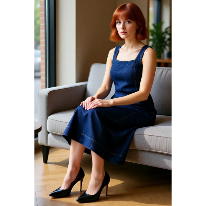 Kadın Askılı Kare Yaka Bodycon Kesim Midi Denim Elbise İlkbahar Sonbahar Günlük Şıklık Kaliteli