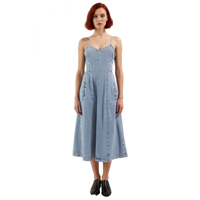 Kadın Askılı V Yaka %100 Pamuk Denim Elbise Midi Boy Düz Eteği Fırfırlı Casual Yaz Şıklığı