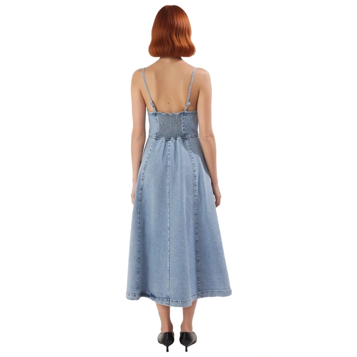 Kadın Askılı V Yaka %100 Pamuk Denim Elbise Midi Boy Düz Eteği Fırfırlı Casual Yaz Şıklığı