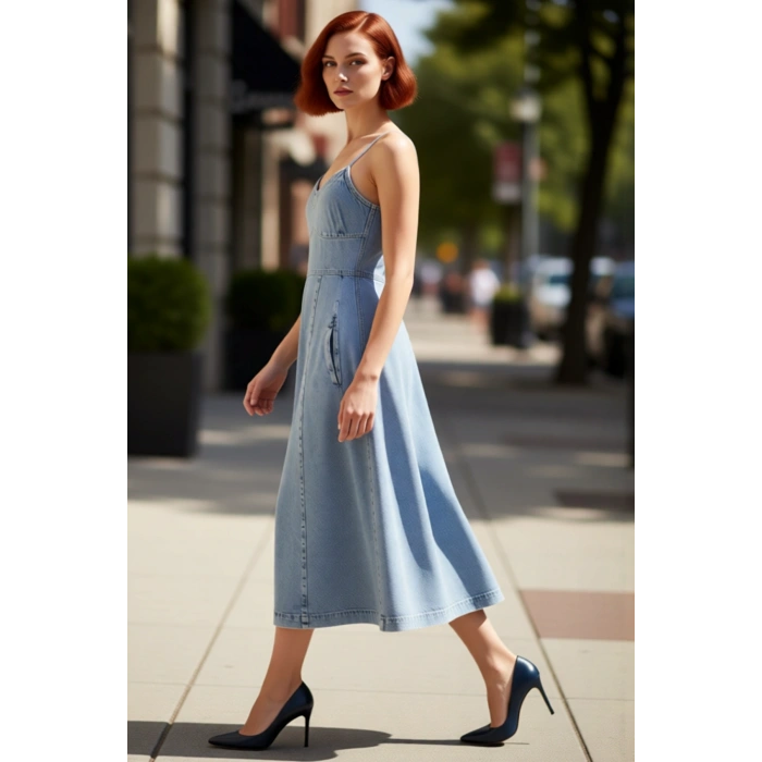 Kadın Askılı V Yaka %100 Pamuk Denim Elbise Midi Boy Düz Eteği Fırfırlı Casual Yaz Şıklığı