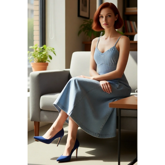 Kadın Askılı V Yaka %100 Pamuk Denim Elbise Midi Boy Düz Eteği Fırfırlı Casual Yaz Şıklığı