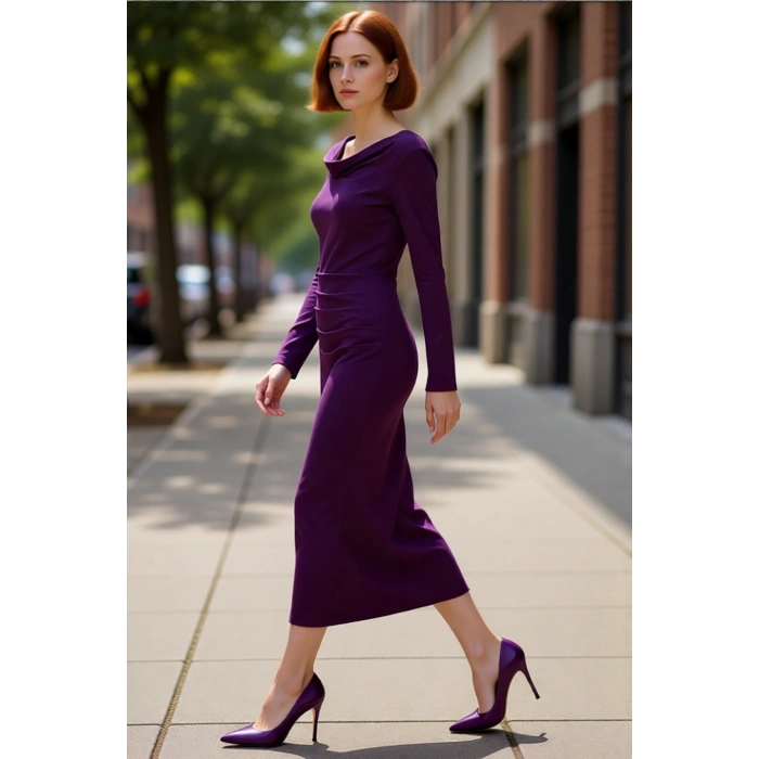 Kadın Astarlı Degaje Yaka Düz Desen Bodycon Maxi Elbise Modern ve Konforlu Kış Kombinleri İçin