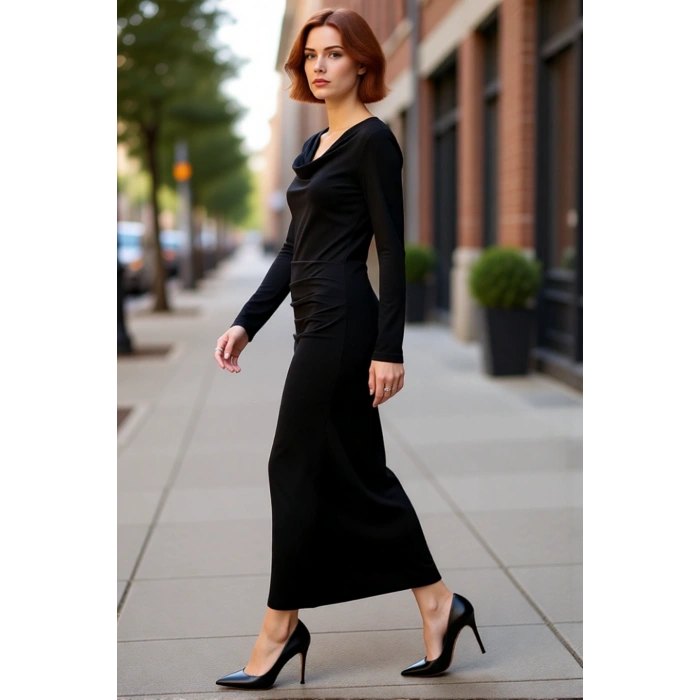 Kadın Astarlı Degaje Yaka Düz Desen Bodycon Maxi Elbise Modern ve Konforlu Kış Kombinleri İçin