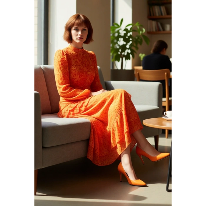 Kadın Astarlı Uzun Kollu Bisiklet Yaka Çiçek Desenli Maxi Eteği Fırfırlı Şifon Elbise Kaliteli