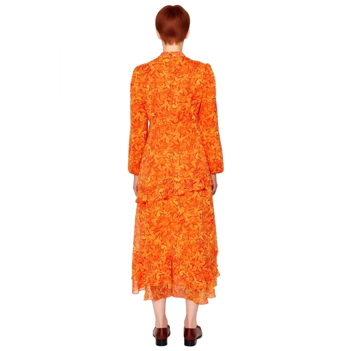 Kadın Astarlı Uzun Kollu Bisiklet Yaka Çiçek Desenli Maxi Eteği Fırfırlı Şifon Elbise Kaliteli